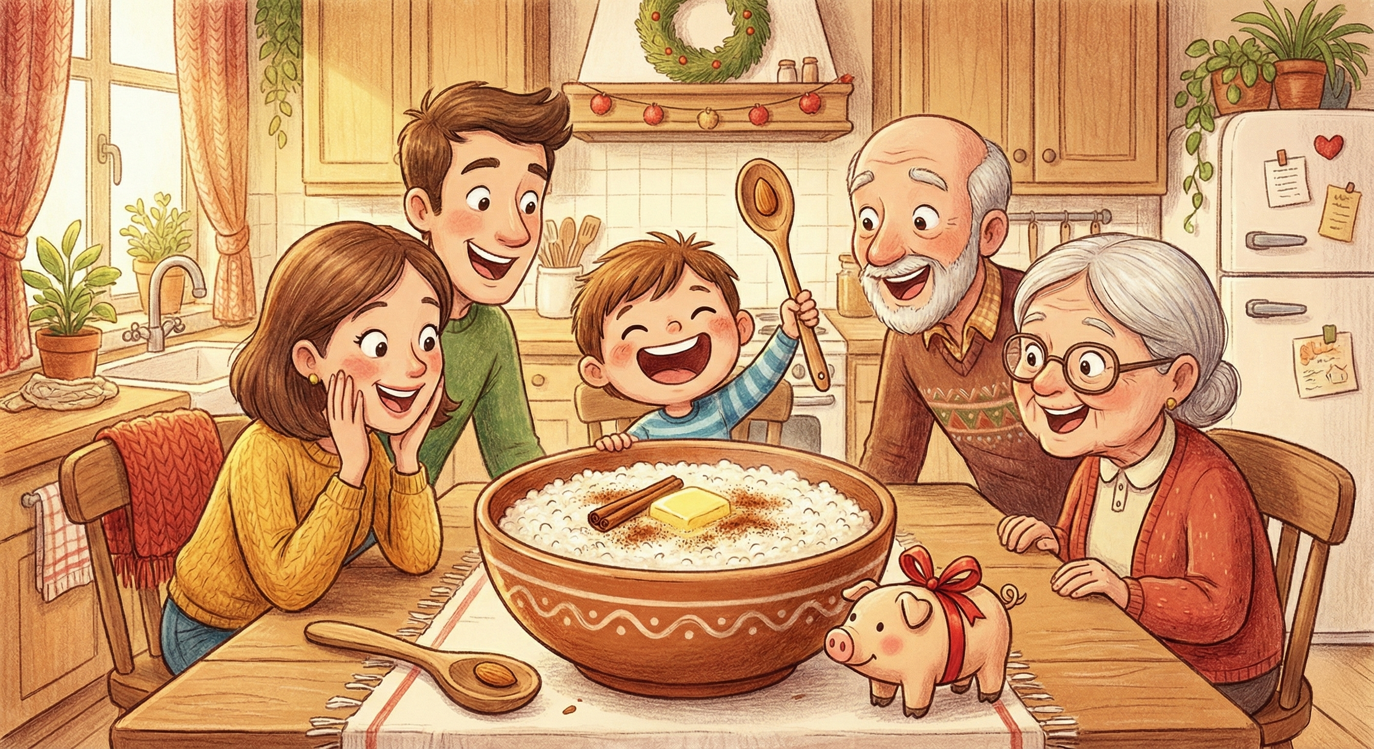 Familie som spiser risengrynsgrøt sammen